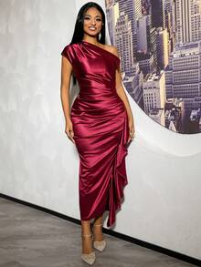 女士情人节酒红色缎面单肩荷叶边不对称修身连衣裙，适合婚礼宾客、生日派对等场合 - 酒紅色 - 查看 7