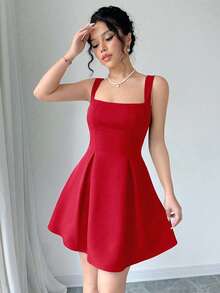 Short A-Line Dress With A Square Neckline, Thin Straps, And A Defined Waist; Retro And Elegant Style, Ideal For Dates, Parties, Vacations, And Other Occasions. - 紅色 - 查看 6