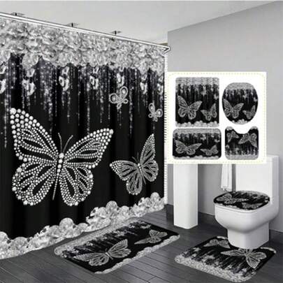 1件/4件套闪亮水钻蝴蝶图案浴室套装，包含防水耐用涤纶浴帘（带12个挂钩）、防滑浴垫、U型地垫和圆形马桶盖套，现代奢华浴室装饰套装