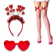 2/3pcs/Set Valentine's Day Red Heart Accessories Set, Red Heart Headband, Heart-Shaped Glasses, Stockings, Party Themed Couple Outfit Accessories, Photo Props - Multicolor - View 7