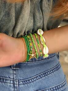 Set de 7 piezas de pulsera de estilo bohemio con concha y cuentas, con colgante de estrella de mar (colores de cuentas surtidos) - Verde - Ver 6