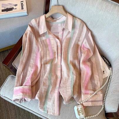 ملابس علوية مخطط ملون لون الدوبامين للنساء كبيرات الحجم، ملابس علوية بياقة بولو عتيقة، ملابس علوية خفيف، قابل للغسل في الغسالة، ملابس علوية أنيق وردي للعطلات