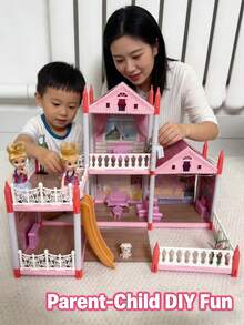 DIY Villa Dollhouse Playset: Assembled Castle With Terraces, Furniture & Accessories - Educational Puzzle Kit For Imaginative Play & Early Development, Perfect Children's Day Best Gift For Boys & Girls - 粉色 - 查看 3