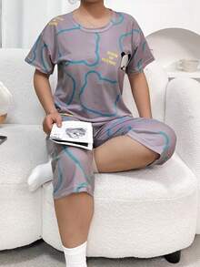 两件套女士睡衣套装，夏季短袖圆领七分裤休闲宽松睡衣套装，可爱卡通字母印花短袖上衣，可爱卡通字母印花七分裤，休闲家居服 | 可爱睡衣套装 | 易护理面料 - 紫丁香色 - 查看 3