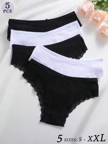 5 Stück/Set Damen Spitze Patchwork bequeme atmungsaktive Schleife Dekor Höschen Set, weich dehnbar lässige Unterwäsche - Verschiedenfarbig - Übersicht 3