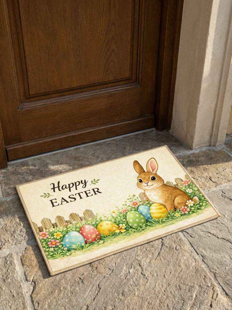 1 pieza Felpudo de bienvenida con diseño de conejo, alfombra de entrada al aire libre con tema de Pascua - Multicolor - Ver 1