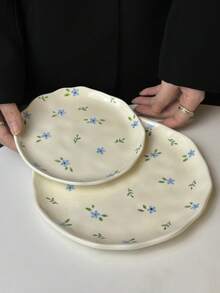 1 件 INS 风格可爱蓝色碎花陶瓷餐盘，手工捏制不对称釉面食物拼盘，家用餐具，牛排意大利面沙拉甜点水果盘，送给男朋友/女朋友的节日礼物 - 彩色 - 查看 5