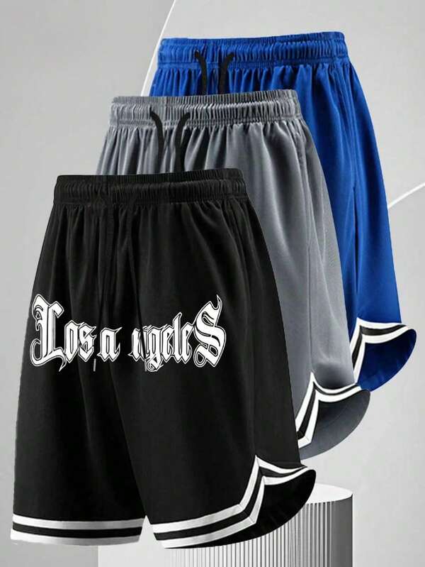 洛杉矶品牌字母印花网眼短裤 | 黑白条纹休闲运动5英寸短裤、运动短裤、篮球短裤