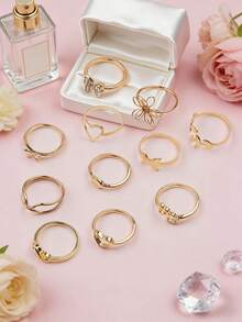 22/33/44件装精致时尚可爱镂空男女童戒指，花朵、蝴蝶、爱心、水钻、仿珍珠等款式随机，节日派对礼物，日常佩戴饰品 - 水鑽鏤空珍珠戒指 - 查看 6