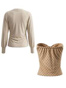 褶皱腰身波点叠层U领长袖T恤和吊带背心套装，适合春季穿着 - 杏色 - 查看 11