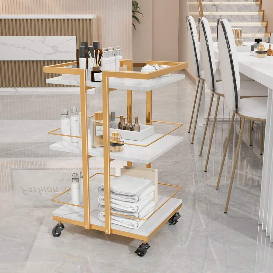 GCCSJ Beautician Trolley,Professional 3-Tier Gold Salon Rolling Cart - Heavy Duty Mobile Nail & Skincare Trolley With Locking Wheels & Large Storage, 150 LB Capacity Beauty Workstation For Spa, Esthetician & Home Use - 白色 - 查看 1