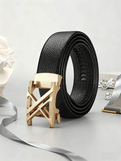 1pc Y-Shaped Alloy Automatic Buckle Adjustable Men's Belt, With Lychee Grit Texture, A Lightweight Luxury, Fashionable And Business Style Leather Belt, Also Suitable For Jeans. It Is Durable, 120cm Long, 3.5cm Wide, Suitable For Daily Riding And Party/Evening Wear - An Ideal Gift For Lovers And Family.