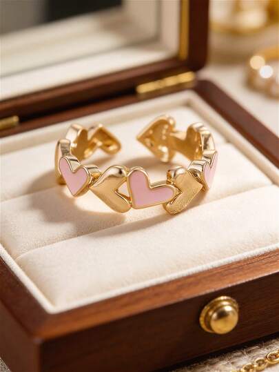 1 pieza Anillo con diseño de corazón en rosa y dorado de estilo elegante y de moda, elaboración exquisita de esmalte, diseño ajustable y abierto, anillo de dedo para mujer, adecuado como accesorio para el ambiente diario, regalo romántico para esposa, pareja, familia y amigos