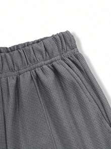 1pc Tween Boys Casual Solid Color Toothpick Pleated Decor Sports Outdoor Waffle Straight Leg Pants, Spring/Autumn - Dark Grey - View 7