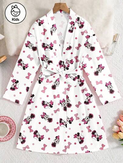 Disney Tween Girls Minnie Mouse-serien tecknat tryck bekväm satin tyg långärmad vanlig sovplagg morgonrock, siden mjukt andningsbart tyg lämplig för alla årstider loungewear