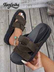 New Fashion Metal Buckle Decor Slip-On Wedge Heel Sandals, Comfortable Non-Slip, Versatile & Easy To Clean, Suitable For Beach & Daily Wear - Coffee Brown - View 2