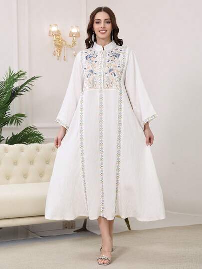 Vestido árabe elegante bordado de estilo nuevo 2026, vestido de manga larga con cuello de jalabia, grácil y digno