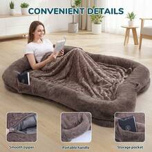 Giant Pet Mattress With Pocket, Human Dog Bed Washable Large Cuddle Bed, Non-Slip Plush Dog Cushion With Blanket, Brown Home Decor - 鏽棕色 - 查看 5