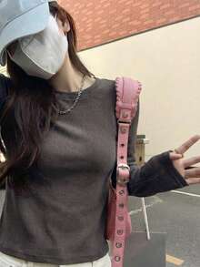 Slim Fit Round Neck Dark Grey Casual Street Style Fashion New Year Round Neck Long Sleeve T-Shirt For Women, Spring/Autumn - 009 Dark Gray - View 4