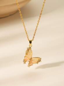 Fairy Tale Style Semi-Precious Stone Necklace, Butterfly, Cloud, Flower, Planet Pendant, Gold Delicate Chain Necklace, Everyday Sweet Outfit Accessory - Gold - View 3