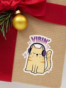 4/1 Piece Interesting Headphone Cat "VIBIN" Sticker - Fashionable And Fun Stickers Suitable For Laptops, Phones, And Water Bottles. The Perfect Gift For Cat Lovers And Music Enthusiasts! - Multicolor - View 11