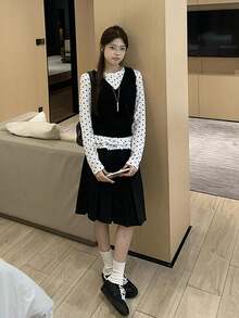 复古百褶A字裙，韩版 - 黑色 - 查看 6