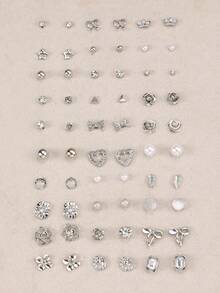 30pcs/Set Minimalist Bow, Flower, Pearl & Metal Cute Sweet Style Earrings Set For Girls - Silver - View 5