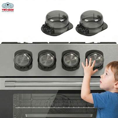 TWO DADS Baby Safety Stove Knob Covers (1/2/4 Packs) - Dual Press To Open Lock, No Tools Installation, Universal Clear Grey Guard Protects From Kids, Pets & Grease