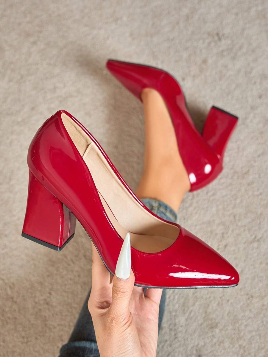 Women's Classic Pointed Toe Chunky Heel Slip-On Pumps, Breathable High Heels, Comfortable & Elegant Work/Commute Shoes - Burgundy - View 1