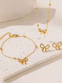 3pcs Minimalist & Elegant Stainless Steel Bow Tie Jewelry Set, Suitable For Women's Daily Wear And Gift - Necklace Set - View 1