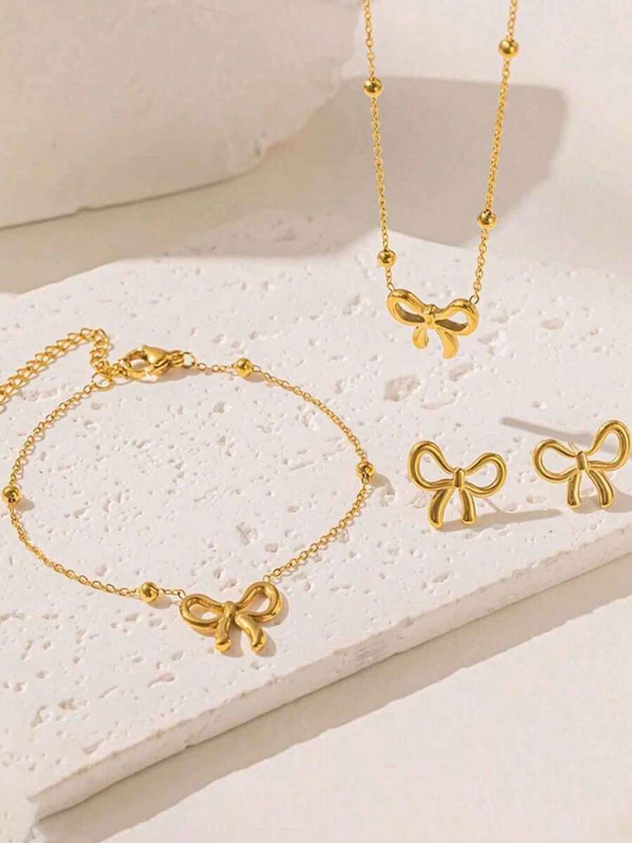 3pcs Minimalist & Elegant Stainless Steel Bow Tie Jewelry Set, Suitable For Women's Daily Wear And Gift - Necklace Set - View 1