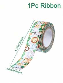 1卷5码丛林动物涤纶箔纸丝带，可爱有趣的丛林丝带，适合婴儿派对礼品、一周岁生日派对装饰，完美适用于节日生日礼物包装、丛林动物主题派对装饰、性别揭晓派对装饰、婴儿派对用品、DIY蛋糕蝴蝶结丝带 - 叢林動物 - 查看 6