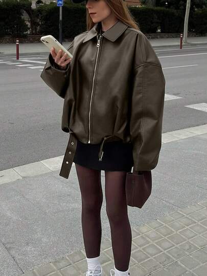 Neue Vintage Bomberjacke aus Leder, einfarbige lässige Jacke mit Reißverschlusstaschen, Lederjacke, Regular Fit, Damen Winterjacke