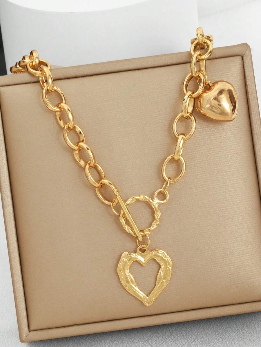 1pc Ins Style Heart Pendant Necklace, Titanium Steel Collarbone Chain Jewelry For Women - Golden - View 1