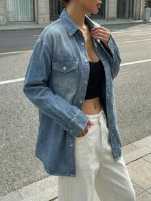 纯色休闲复古牛仔衬衫，纽扣设计，适合派对、海滩、约会、日常穿着，春夏皆宜。 - 淺藍色 - 查看 3