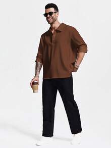1pc Men's Casual Collared Long Sleeve Striped Button-Up Shirt, Elegant For Commute, Business, Holiday, Party - Coffee Brown - View 4