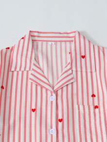 Striped Heart Print Women Short Sleeve Pajama Set - Pink - View 2