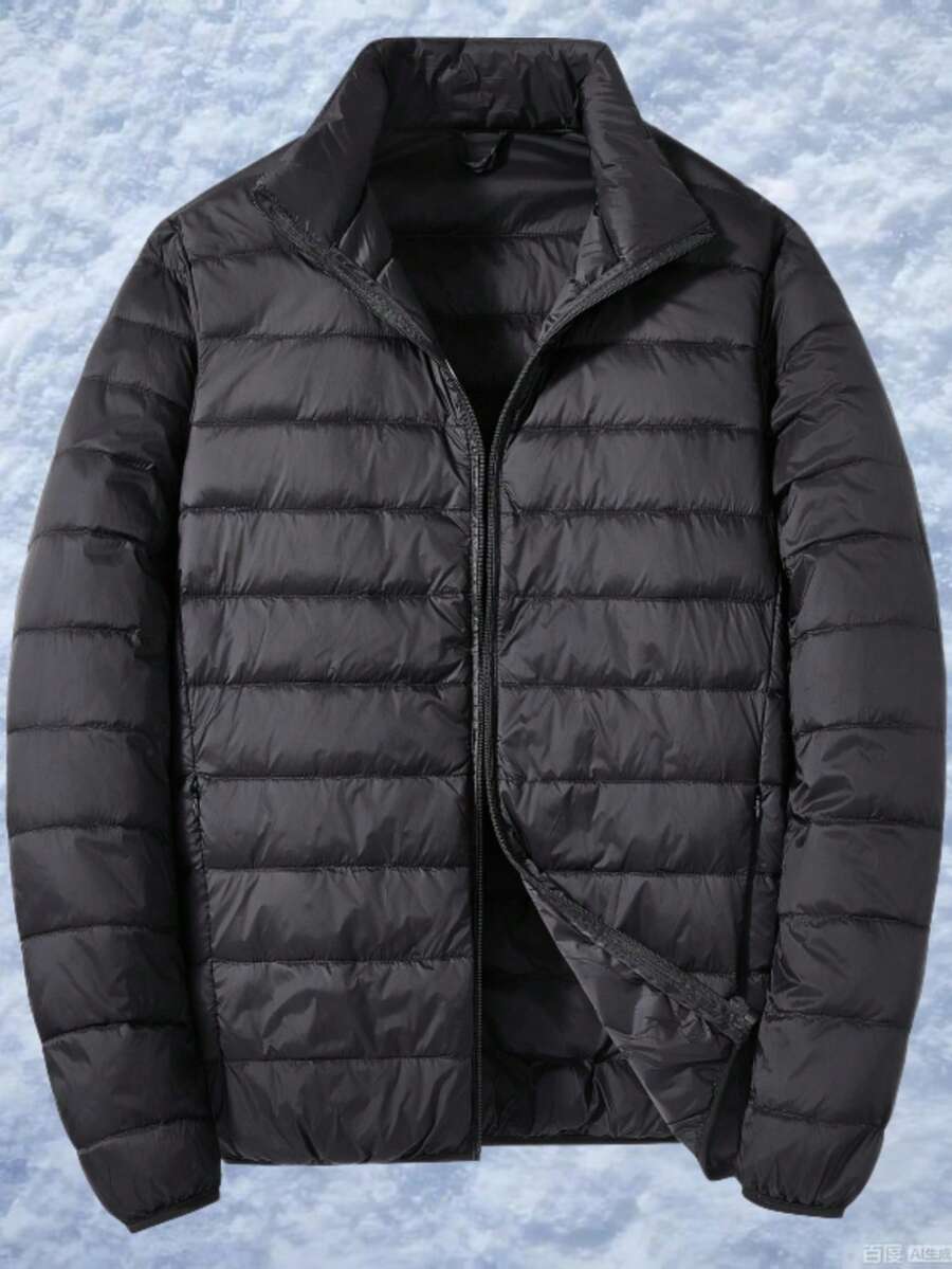 Chaqueta ligera de plumón esencial para hombre: diseño acolchado clásico, cuello alto con cremallera, cálida y práctica, ideal para ir al trabajo, la oficina, salidas de fin de semana y diversas ocasiones diarias. - Negro - Ver 1