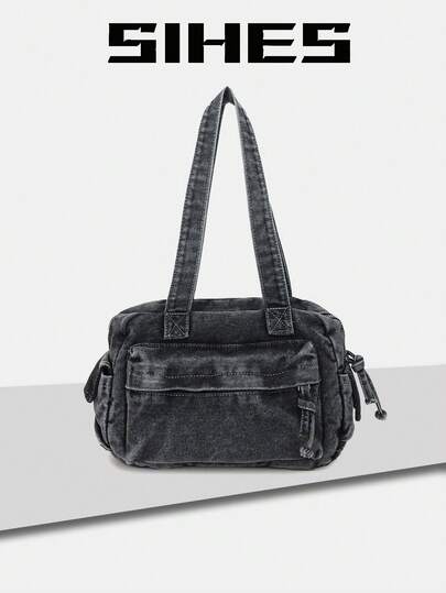 1pc Solid Color Canvas Women's Shoulder Bag, Fashion Large Capacity Square Bag, Zipper Closure, Suitable For Girls, Ladies, College Students, Young Professionals, Office Workers, Great For Office, School, Work, Business, Commuting, Outdoor, Travel, Shopping