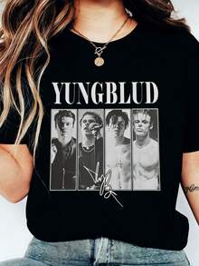 YUNGBLUD Inspired Women's Vintage Fan T-Shirt 100% Cotton Soft Knit Crew Neck Short Sleeve Slightly Stretchy Stylish All-Season Warm Top Office Outfits For Women Blouses For Women Womens Tops - 黑色 - 查看 11