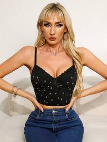 黑色花卉蕾丝吊带束身胸衣 - 性感显瘦舒适弹力百搭约会派对休闲装 - 黑色 - 查看 5