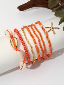7 pièces/set Bracelet style bohème avec coquillage et perle, pendentif étoile de mer. Ensemble de bracelets pour femmes (couleurs de perles assorties) - Orange - Voir 5