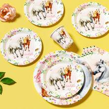 一套花卉骏马图案一次性餐盘、餐巾纸、纸杯，适合25位客人使用，一次性纸盘，派对用品，适用于生日、婚礼、主题派对、家庭野餐等场合。 - 彩色 - 查看 4