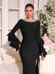 Modphy New Sexy Long Sleeve Round Neck Fishbone Zipper Bodycon Bandage Party Dress - Black - View 2