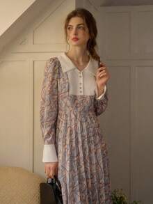 Simple Retro Women's Spring Doll Collar Stitching, Contrasting All-Over Print, Elegant Temperament, Loose Casual Long Dress - Gray Blue - View 5