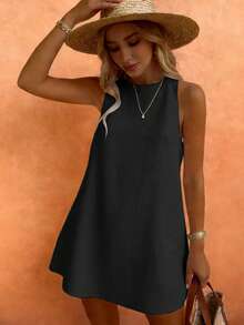 Starfish Women's Fashionable Versatile Minimalist Elegant Khaki Round Neck Sleeveless Dress, Suitable For Commuting In Spring And Summer Black - Black - View 4