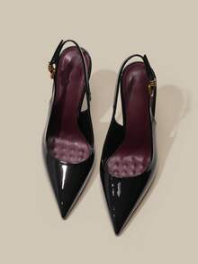 10.5厘米尖头高跟女鞋，优雅细高跟，金属装饰踝带，性感黑色亮面PU材质，舒适百搭，适合日常、派对、情人节约会、春节、通勤等场合。 - 黑色 - 查看 2