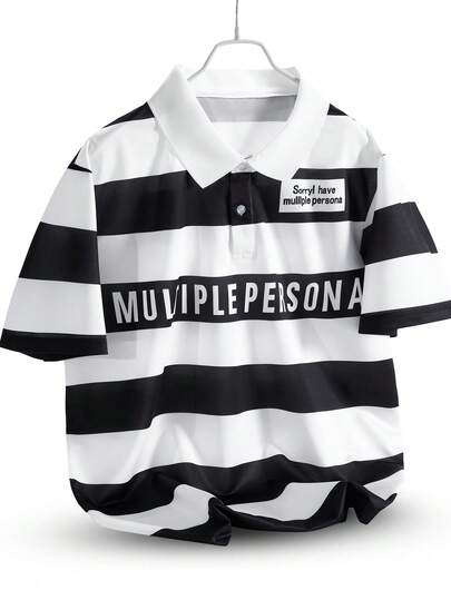 MAISONFOX Men's Casual Daily Commute Striped Letter & Striped Print Short Sleeve Loose Polo Shirt, Short Sleeve Polo Collar T-Shirt, College Style Printed Striped Top For Casual Daily Wear Spring Summer Comfort