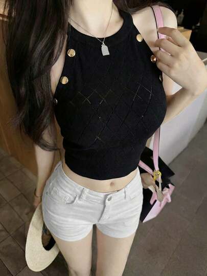 Women's Sexy Solid Color Spaghetti Strap Knit Camisole With Metal Buckle, Minimalist Design, Lattice Semi-Sheer Slim Fit Sleeveless Top, Spring/Summer