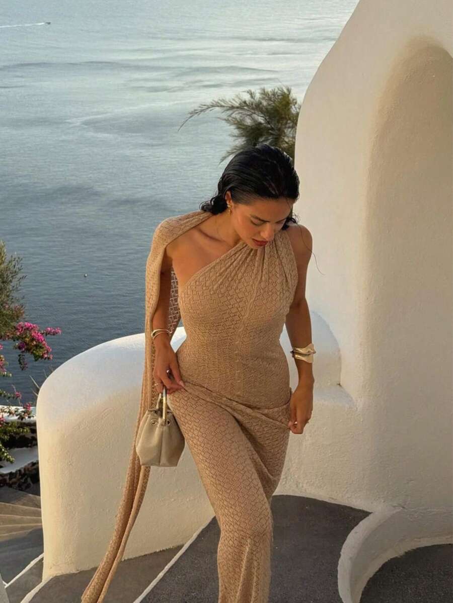 女士新款夏季无袖轻薄针织连衣裙，镂空透视性感罩衫，波西米亚风修身优雅及地长裙，适合海滩度假、音乐节、鸡尾酒会、沙滩派对、时尚拍摄、泳池派对、日常约会，迈阿密风情连衣裙 - 棕色 - 查看 1